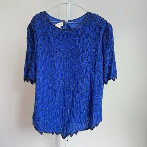 Vintage Laurence Kazar 2X Old Money Luxury Silk Beaded‎ Sequin Party Blouse